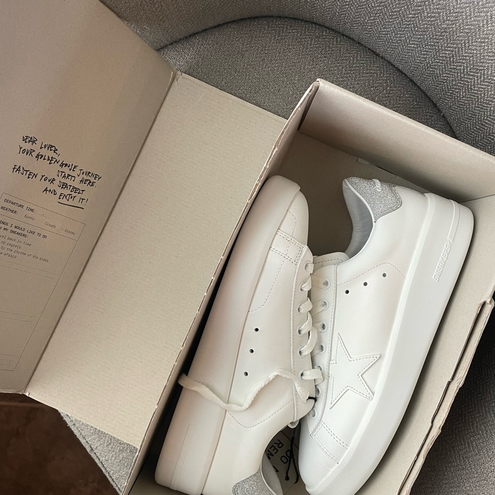 Golden Goose White and Silver Sneakers Premium Leather Design
